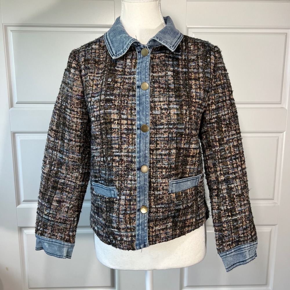 Ecru Paris Jacket Denim‎ Tweed Button Up Blazer Brown Blue Petite Medium PM